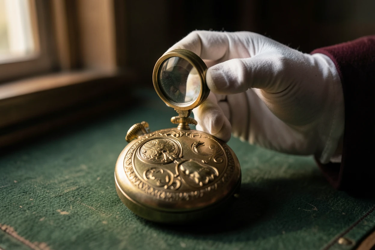 An appraiser examining a pocket watch with a loupe