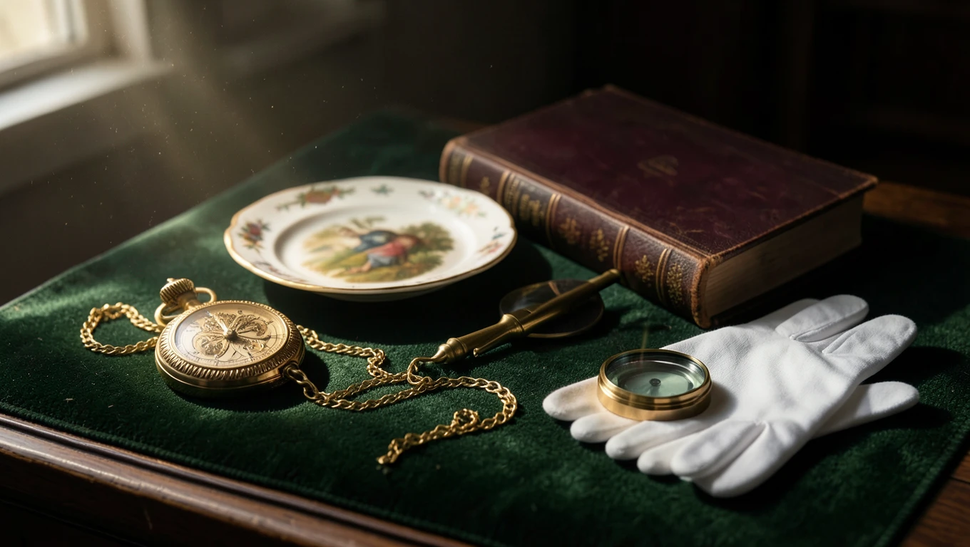 An appraiser's desk with a gold pocket watch, porcelain, a leather book and a brass loupe